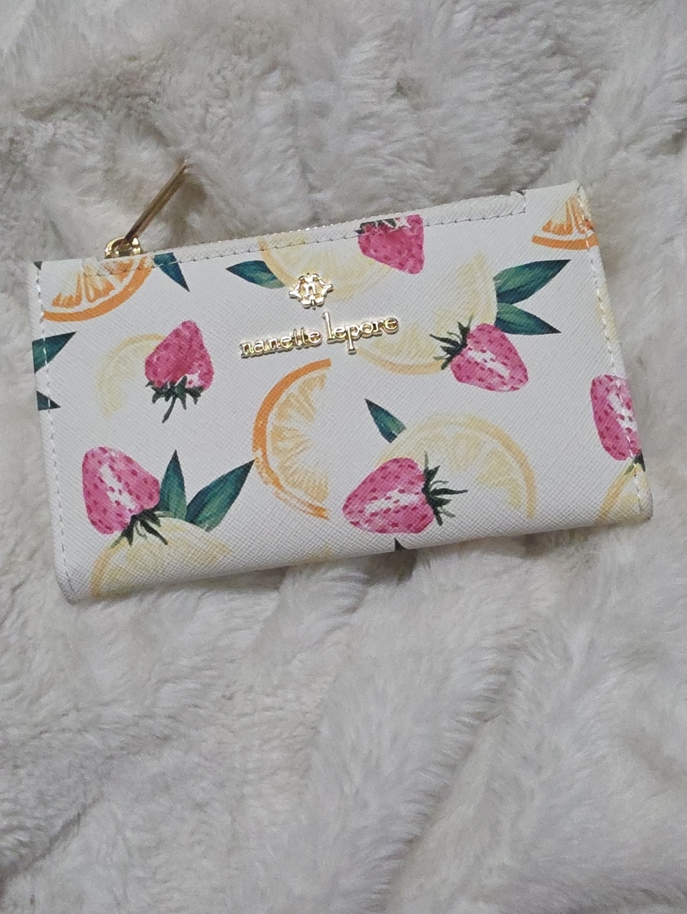 Nanette Lepore White Strawberry & Citrus Zip Card Wallet
